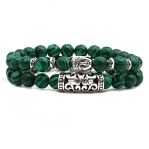 Malachite beaded bracelet set with silver Buddha head and hollow metal tube charms
