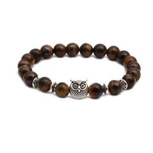 Natural tiger eye stone beaded bracelet set with metallic owl and ethnic charms