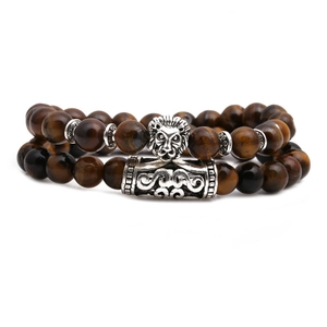 Tiger eye bead bracelet set featuring silver lion head charm and antique metal scroll tube