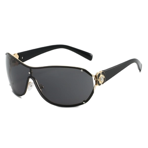 Fashionable oversized metal sunglasses with camellia flower temple and golden frame