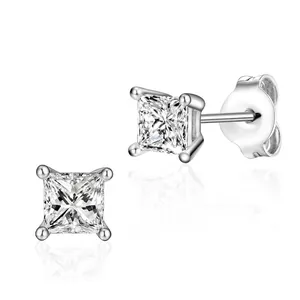 925 Sterling Silver Rhinestone Stud Earrings For Women Princess Cut Square Geometric Minimalist Hypoallergenic Jewelry Gift