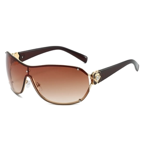 Fashion oversized wrap-around sunglasses with gradient lenses and camellia flower metal trim