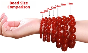 Size comparison chart for red agate beads from 6mm to 18mm shown on a person's wrist