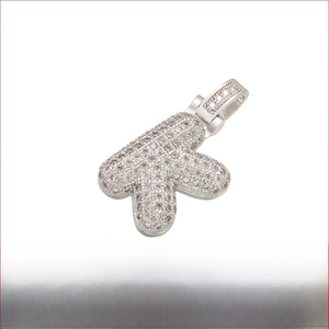 Macro view of rhodium-plated hip hop bubble letter pendant showing 20x29mm dimensions