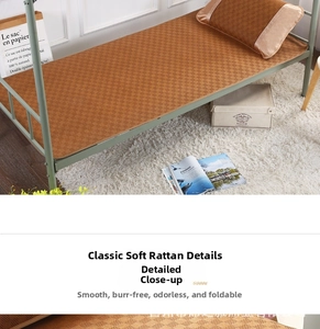 Close-up of smooth, foldable brown rattan cooling mat for single dorm beds and bed frame
