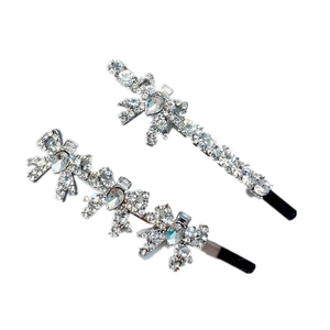 Sparkling silver alloy bow hairpins with clear rhinestones and non-slip grip set