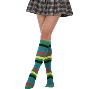 Detail of colorful striped over-the-knee socks paired with an English style plaid skirt