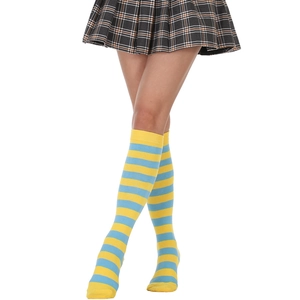 Detailed texture of yellow and blue striped knee-high socks with elastic ribbed cuffs