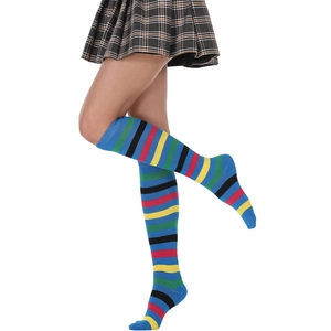 Close-up of colorful striped over-the-knee socks with vibrant rainbow knit pattern