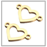 Detailed view of heart-shaped hollow gold stainless steel jewelry connector with dual holes