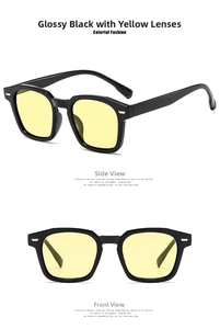 Detail view of square vintage sunglasses with black frames, yellow lenses and silver rivets