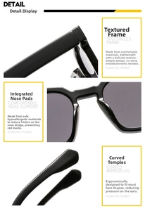 Detail of square sunglasses with glossy black frame, integrated nose pads and curved temples
