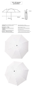 Detailed specs of plaid sun umbrella with black coating and steel frame dimensions