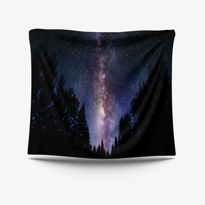 Bohemian forest starry night tapestry with galaxy silhouette and mountain landscape
