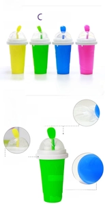 Detail view of silicone slushy maker cups in four colors with food-grade TPU liners
