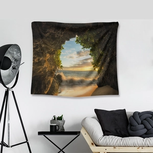 Detailaufnahme des Strand-Sonnenuntergang-Wandteppichs mit hochwertiger Drucktextur und Farben