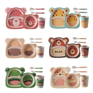 Bamboo fiber kids tableware sets featuring diverse cartoon animal patterns and vibrant colors