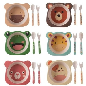 Bamboo fiber kids tableware set showing multiple animal designs with bowls and cutlery