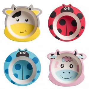 Detailed view of four colorful bamboo fiber kids bowls with creative cartoon animal patterns