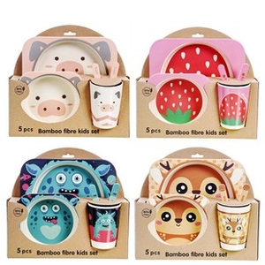 Bamboo fiber kids tableware sets featuring pig, strawberry, monster, and deer themes