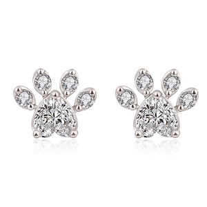 Heart Cubic Zirconia Cat Paw Stud Earrings Copper Sweet Animal Jewelry With Silver Earring Post