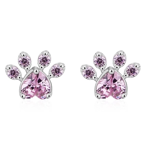 Elegant rose gold plated pink zircon cat paw stud earrings for women on white background