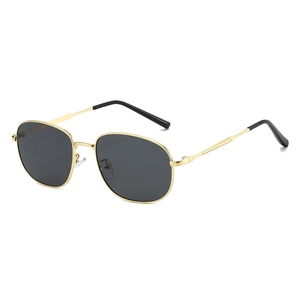 Classic oval metal frame sunglasses with dark grey lenses and gold finish frames
