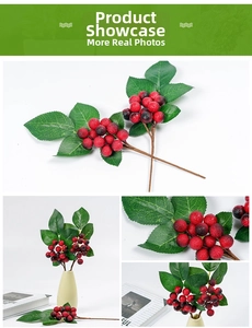 Detail macro view of realistic red berry branches with lush green leaves for Christmas decor