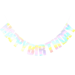 Rainbow holographic Happy Birthday banner for party decorations and celebration setups