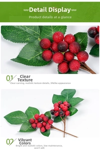 Detailed close-up of artificial red berry branches with realistic green leaves