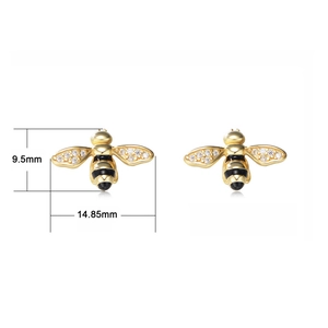 S925 silver bee stud earrings with gold finish and diamonds measuring 9.5mm x 14.85mm