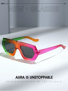 Macro detail of rainbow gradient frame texture and deep gray lenses of geometric sunglasses