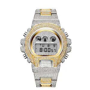 Montre numérique de luxe pour hommes bicolore argent et or sertie de diamants brillants