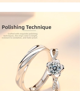 Macro detail of silver floral ring with round center stone and polished wavy band