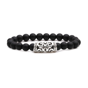 Matte black agate beaded bracelet for men with silver engraved filigree metal cylinder