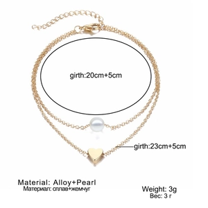 Detailed size chart for gold double-layer pearl heart anklet with dimension markers