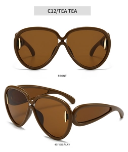 Détail de lunettes de soleil oversize thé avec double pont et accents en métal doré