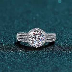 Round Brilliant Moissanite Engagement Ring S925 Sterling Silver Prong Halo Pave Wedding Jewelry For Women Elegant