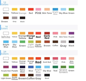 Detailed color chart showing 12, 18, and 24 color palettes for oil pastels set