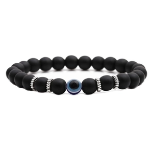 8mm black volcanic lava and tiger eye beads bracelet with blue evil eye charm