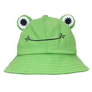 Cute green frog bucket hat with 3D eyes and embroidery on a white background