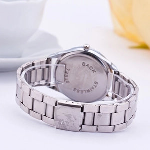 Silver Geneva steel watch with Roman numerals shown from the back with chain strap details
