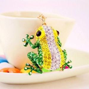 Cute green rhinestone frog keychain with gold metal chain for car keys and bags