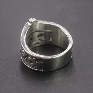 Retro stainless steel Eye of Horus Ankh cross ring with brushed metallic finish and relief