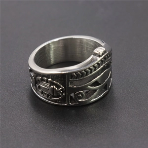 Vintage stainless steel Eye of Horus ring featuring Egyptian scarab symbols in silver finish