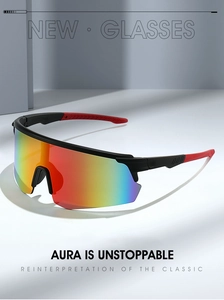 Close-up of professional cycling sunglasses with rainbow tinted lenses and anti-slip frame