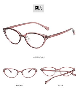 Layout a tre viste di montatura cat-eye viola traslucido con rivetti metallici