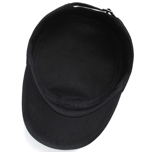 Black cotton cadet cap with adjustable metal buckle and breathable twill fabric lining