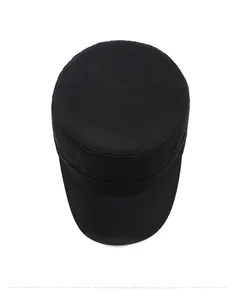 Top view of a black canvas cadet cap showing the flat crown and structured fabric