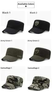 Detail grid of cotton military patrol caps in black, army green, and camouflage patterns